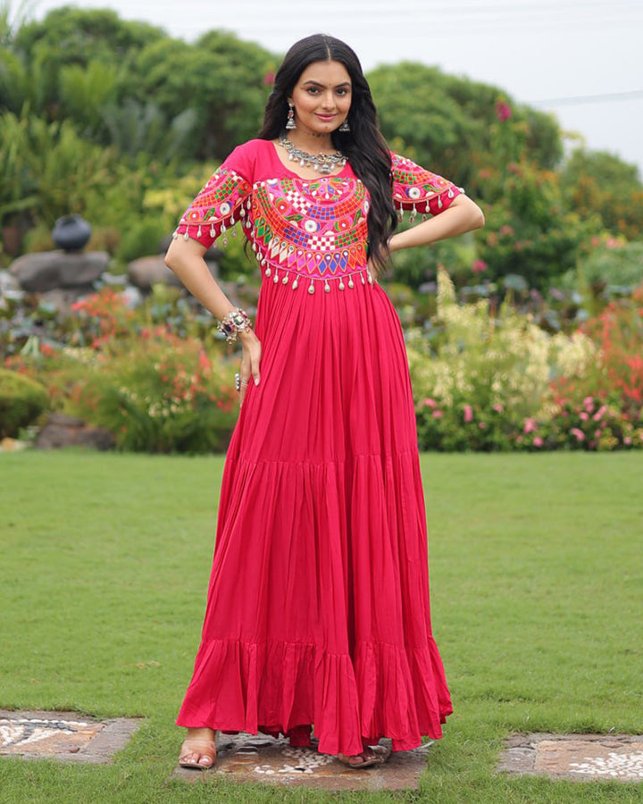Navratri Wear Rani Pink Color Rayon Gamthi Work Gown