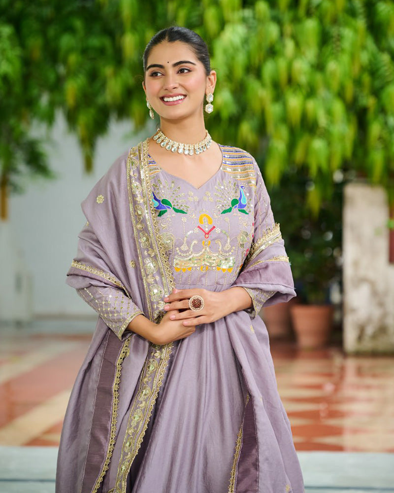 Lavender Color Vichitra Silk Sequence Embroidered Gown