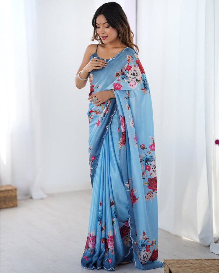 Sky Blue Color Chinnon Silk Digital Printed Saree