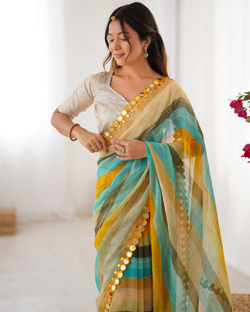 Yellow Color Smooth Marble Chiffon Printed Saree