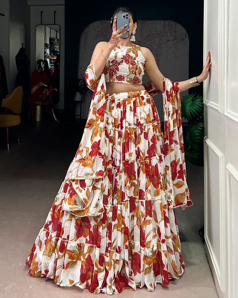 White Color Marble Floral Printed Lehenga Choli