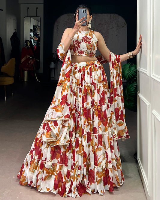 White Color Marble Floral Printed Lehenga Choli