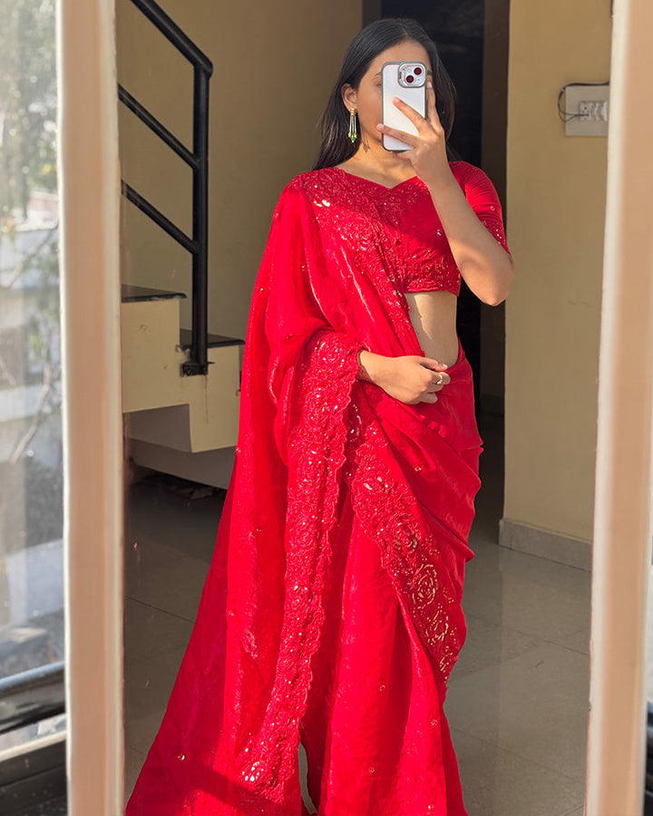 Red Color Space Silk Sequence Embroidered Saree