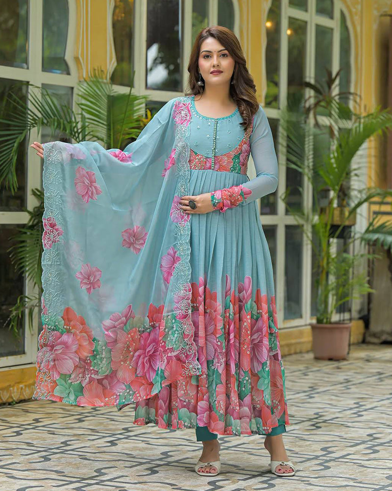 Sky Blue Color Faux Georgette Printred Anarkali Suit