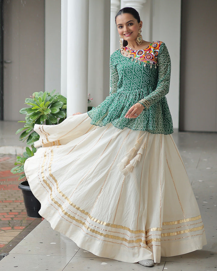 Peplum Style Green Bandhej Choli With Cotton Lehenga