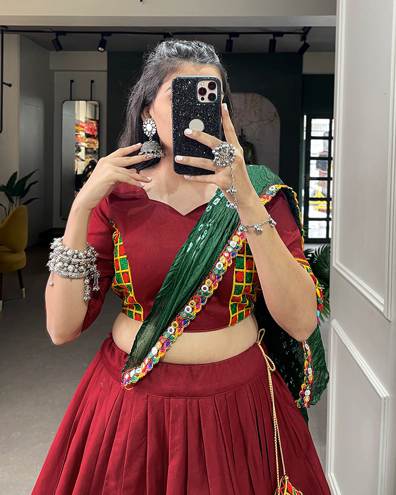Designer Maroon Color Cotton Fully Stitched Lehenga Choli With Bandhej Dupatta