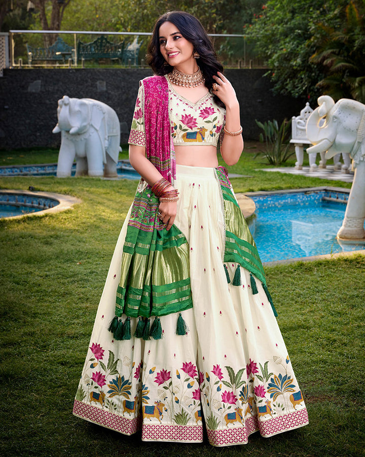 Lotus Design Off-White Color Khadi Cotton Embroidered Lehenga Choli