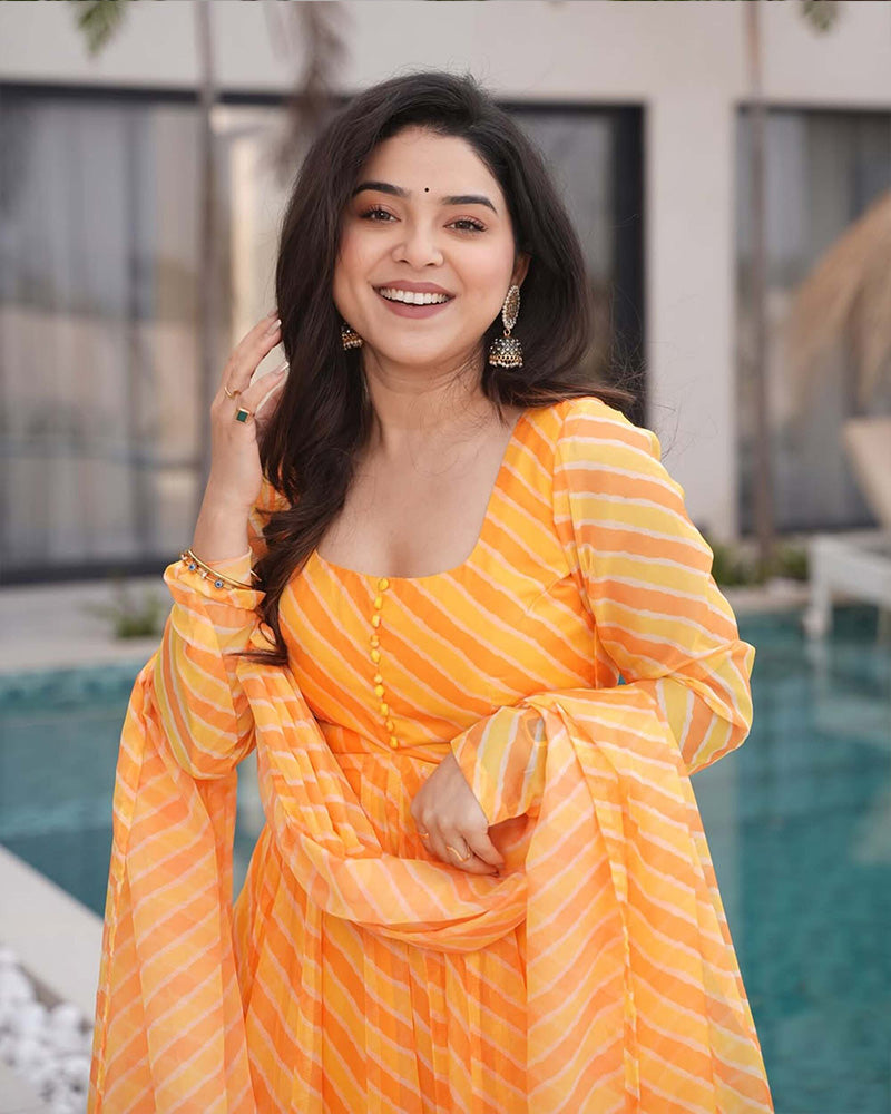 Yellow Color Tabby Organza Three Piece Anarkali Suit