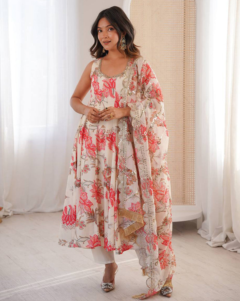 Off-White Color Pure Muslin Cotton Three Piece Anarkali Suit