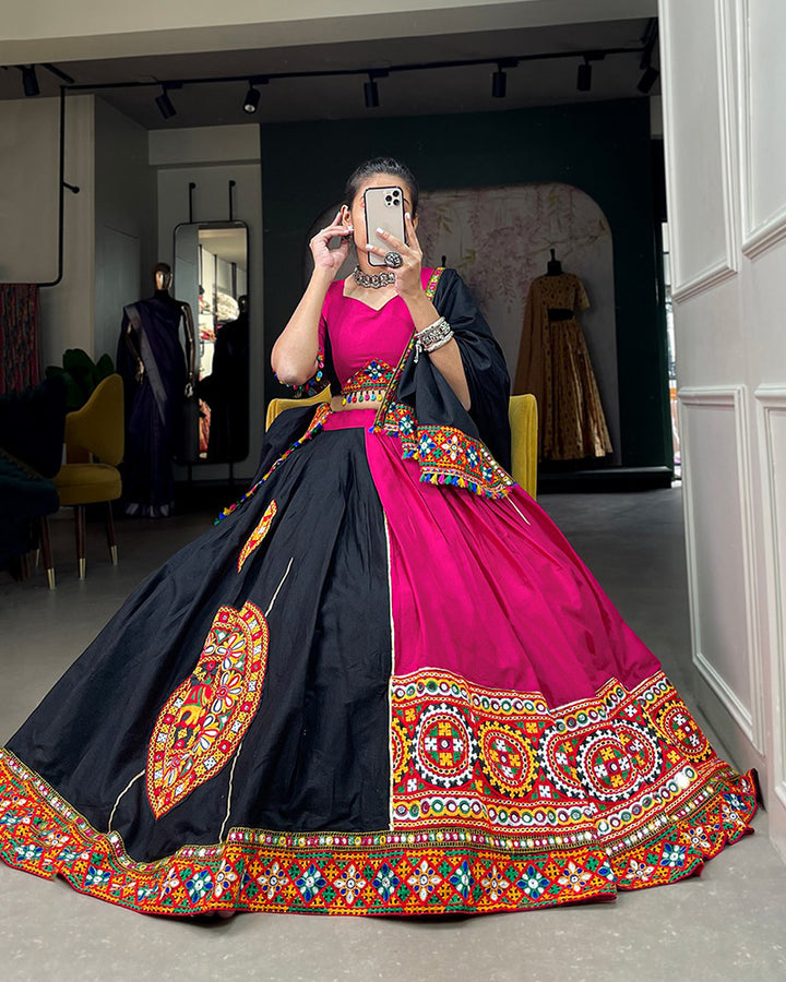 Pink And Black Color Cotton Navratri Lehenga Choli