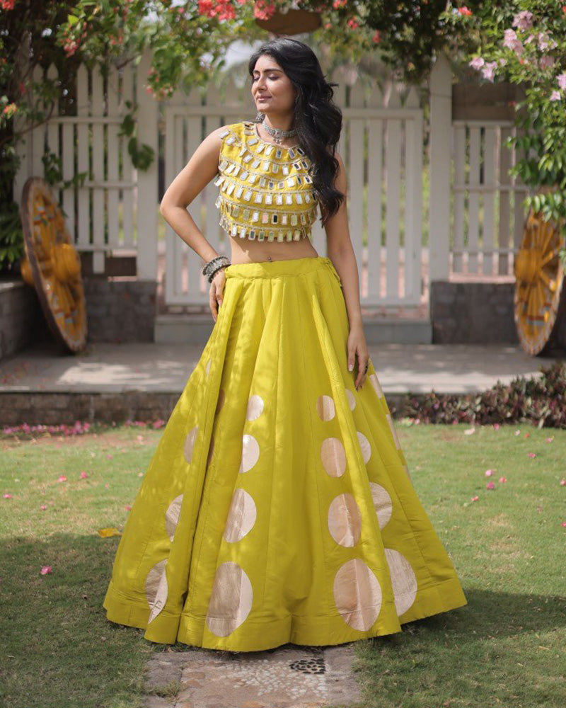 Traditional Parrot Green Roman Silk Navratri Wear Lehenga Choli