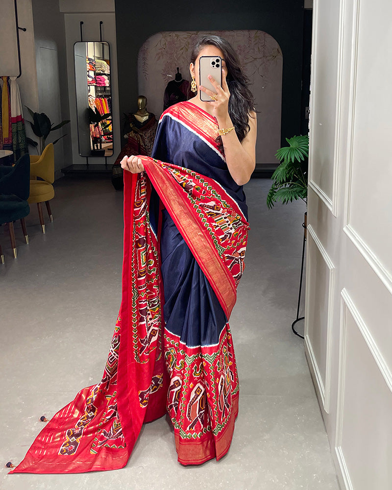 Navy Blue Color Patola Print With Foil Work Dola Silk Saree