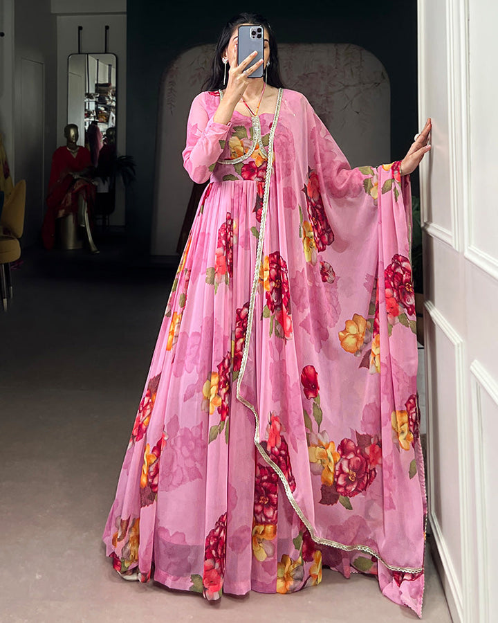 Light Pink Color All Over Floral Printed Chiffon Gown
