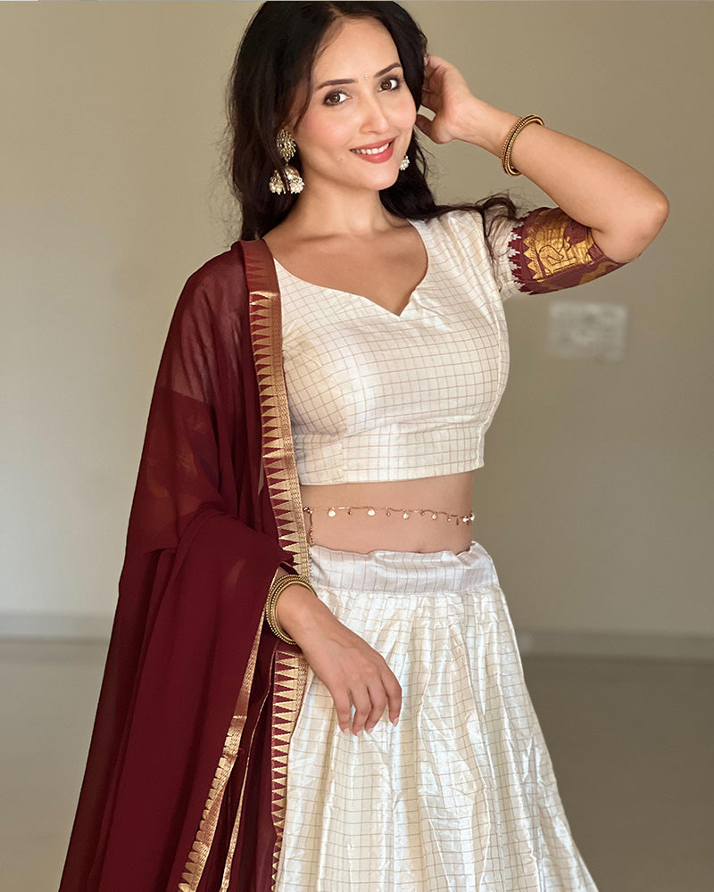 White And Maroon Color Poly Cotton Chex Onam Half Saree