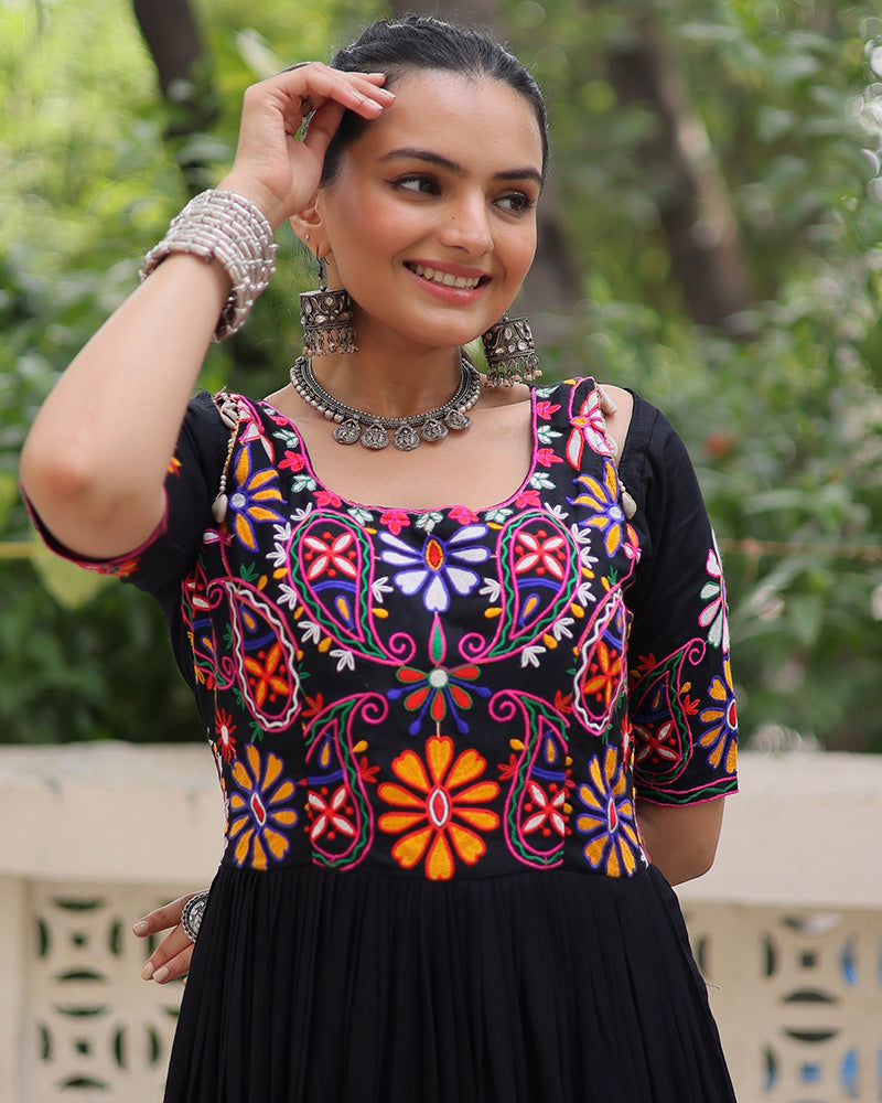 Navratri Wear Black Color Rayon Gamthi Work Gown