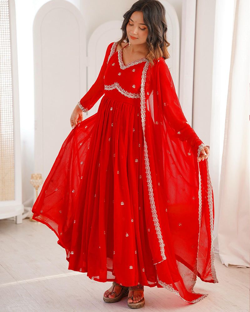 Red Color Georgette Sequence Embroidered Anarkali Suit
