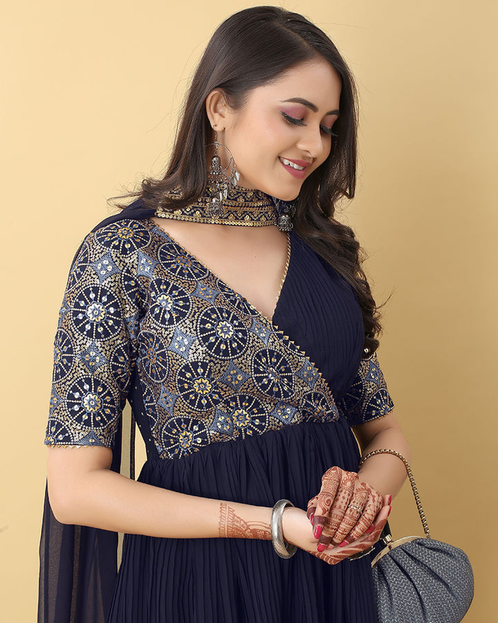 Navy Blue Color Faux Georgette Three Piece Sharara Suit