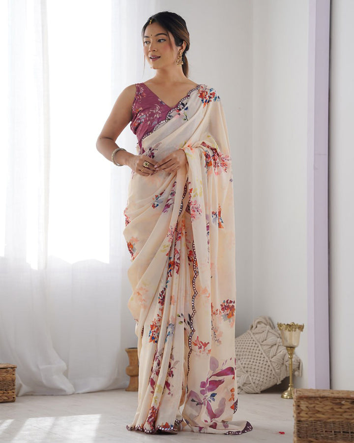 Cream Color Chinnon Silk Printed Saree