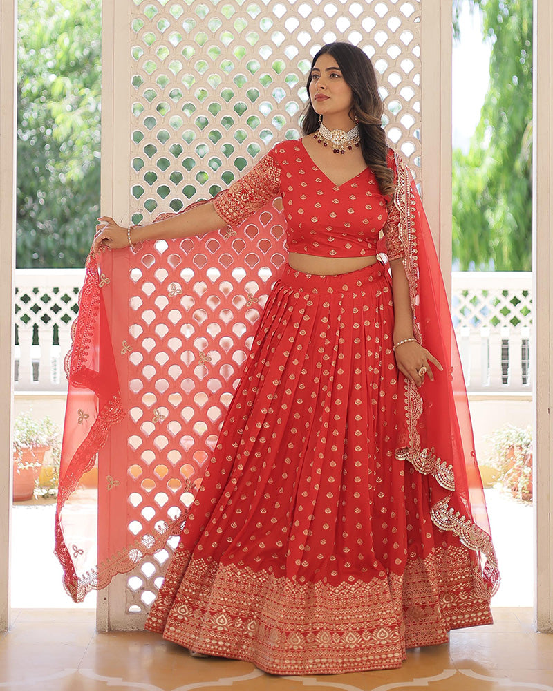 Designer Red Color Viscose Jacquard Lehenga Choli
