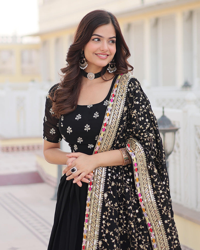 Wedding Wear Black Color Georgette Embroidery Lehenga Choli