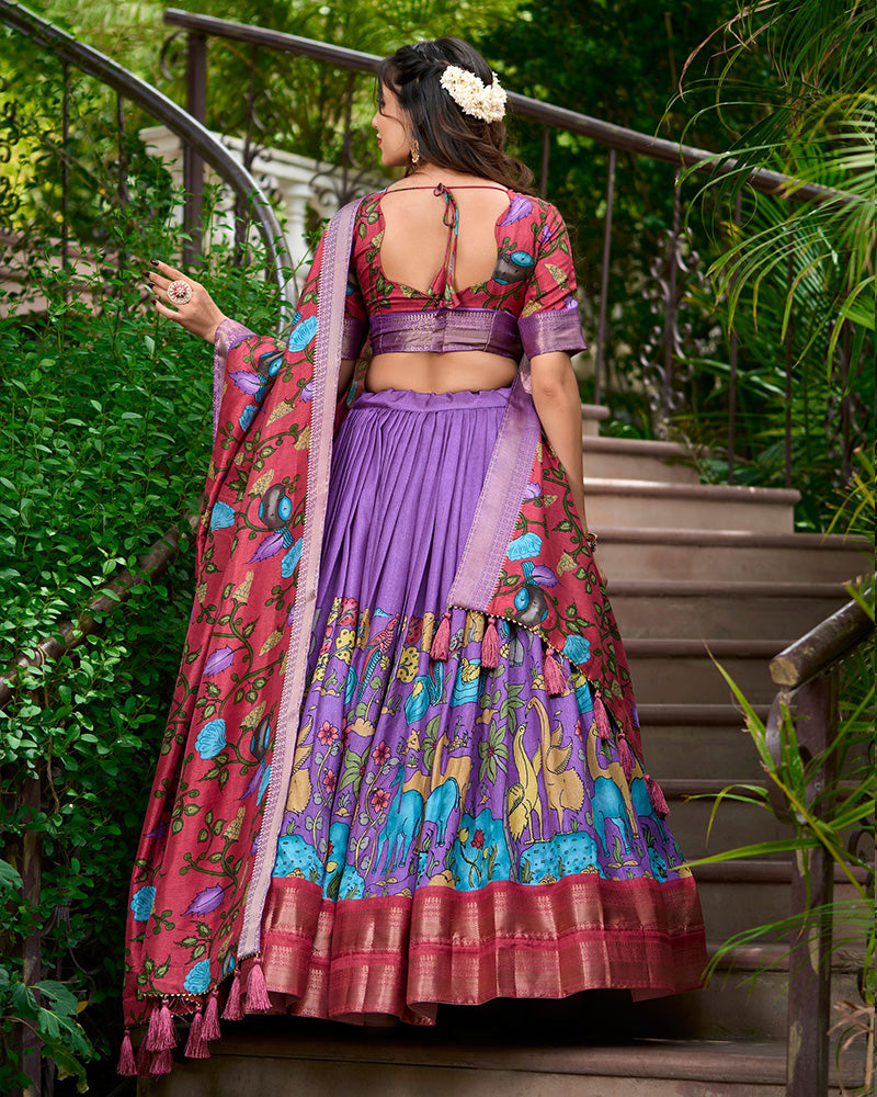 Lavender Color Dola Silk Designer Kalamkari Print Half Saree