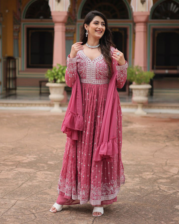 Dusty Mauve Color faux Georgette Embroidered Sharara Suit