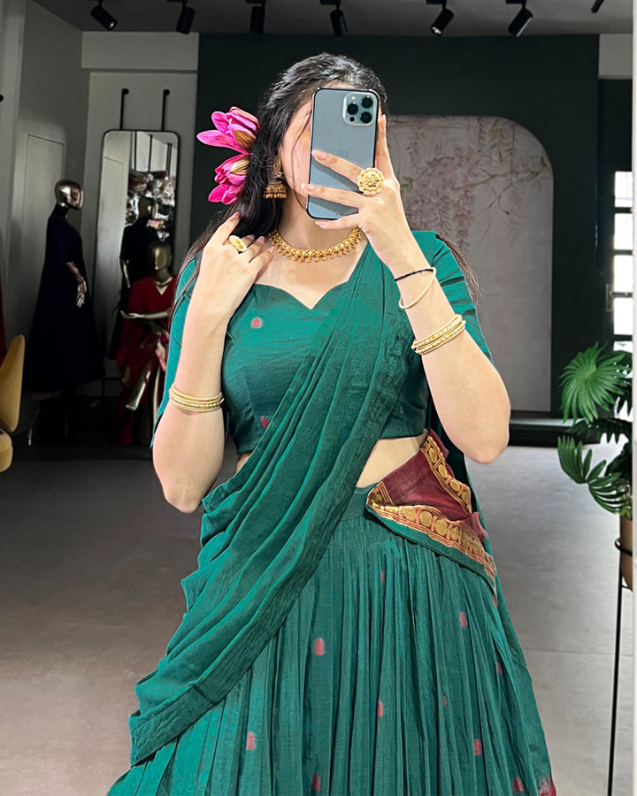 Traditional Teal Green Color Chanderi Half Saree With Zari Detailing