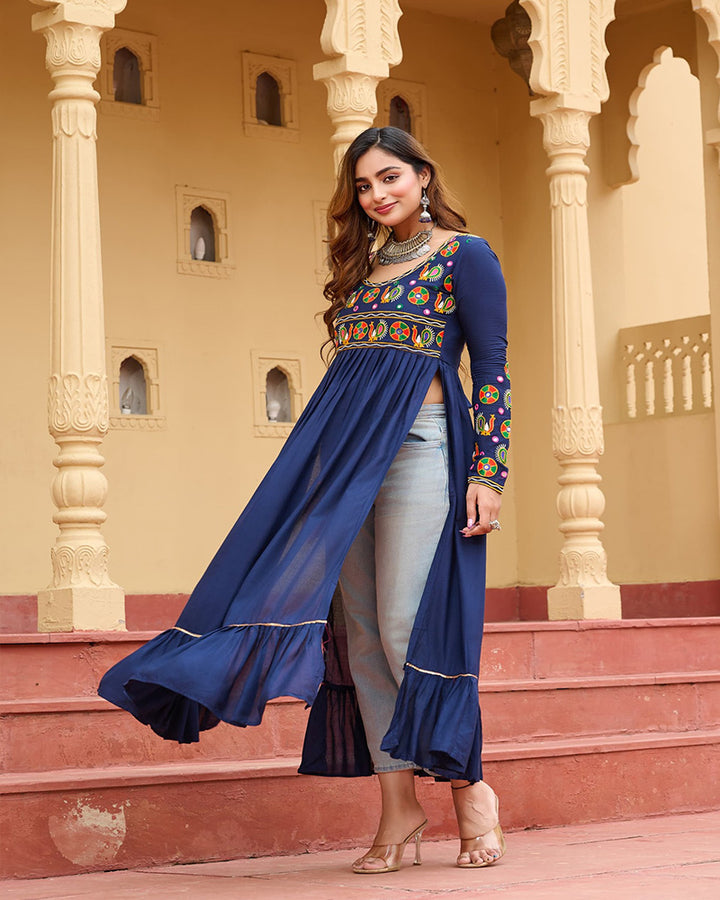 Vibrant Blue Flared Rayon Kurti With Gamthi Work