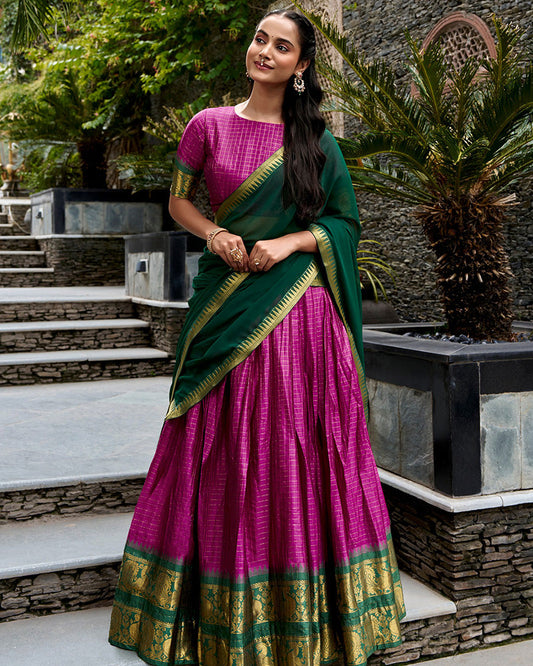 Cultural Pink and Green Color Poly Cotton Lehenga Chex Half Saree