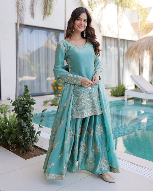 Sky Color Fendi Crush Embroidered Plazzo Suit