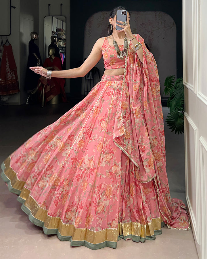Peach Color Chiffon Floral And Foil Printed Lehenga Choli