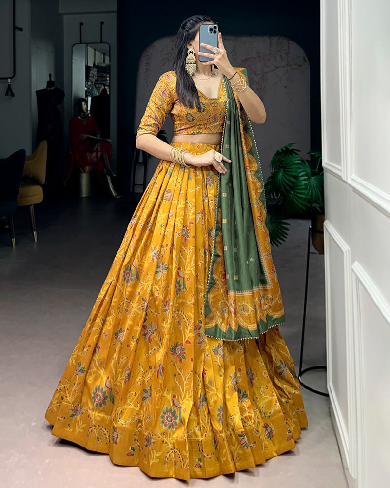Mustard Color Tasar Silk Foil Printed Lehenga Choli