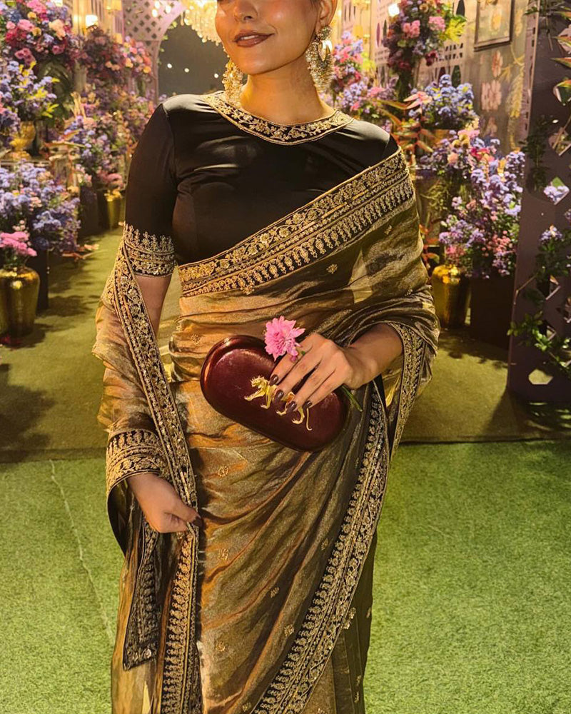 Grey Color Soft Twil Net Embroidered Saree