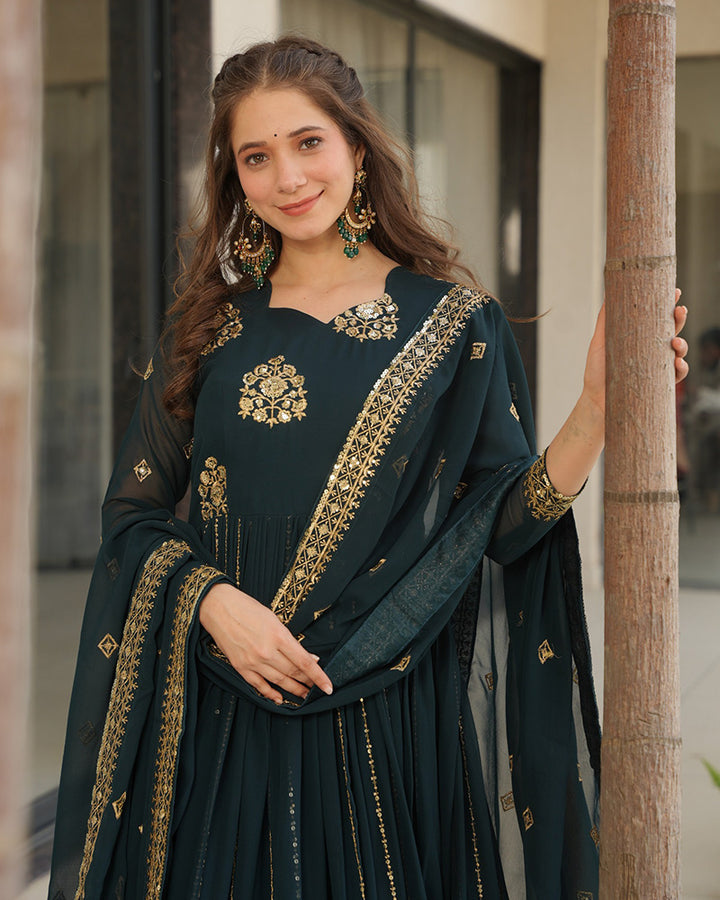 Deep Teal Green Color Faux Blooming Gown With Embroidered Dupatta