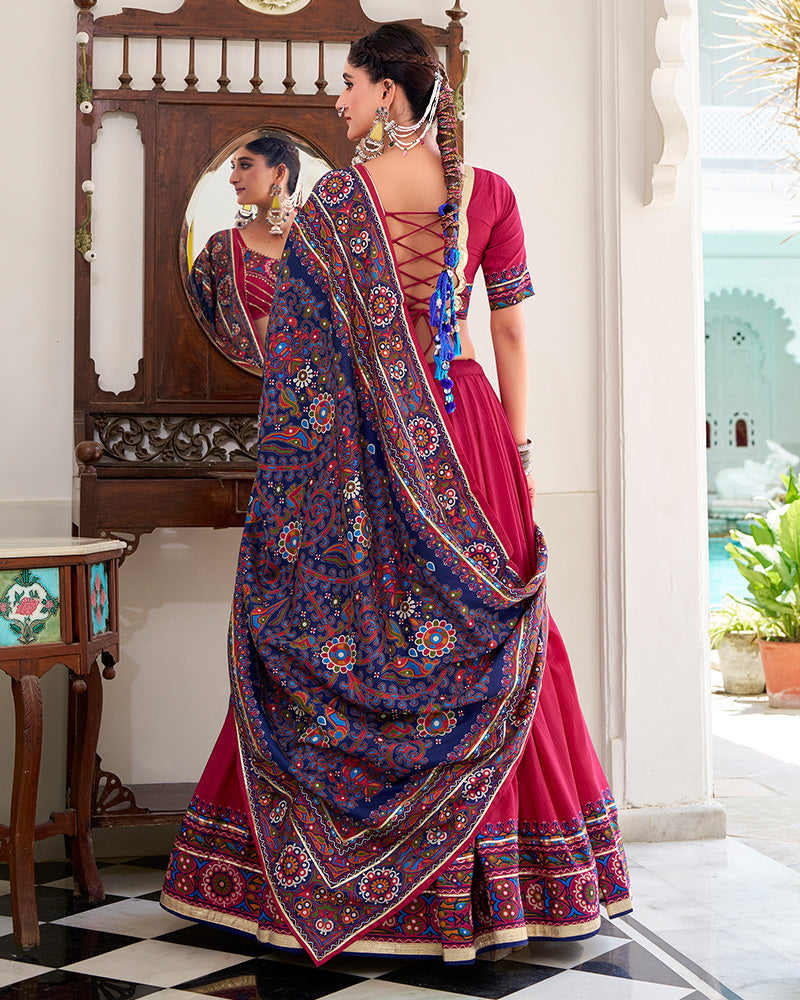 Pink Color Tasar Silk Gamthi Printed Navratri Lehenga Choli