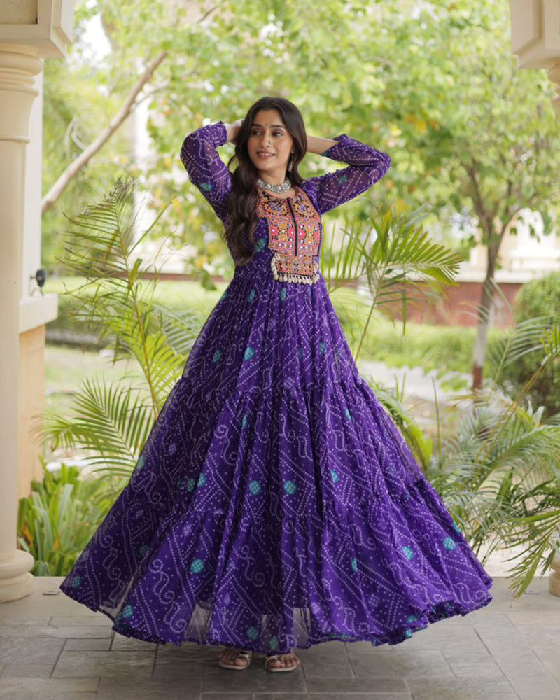 Purple Color Bandhani Print Faux Georgette Navratri Gown
