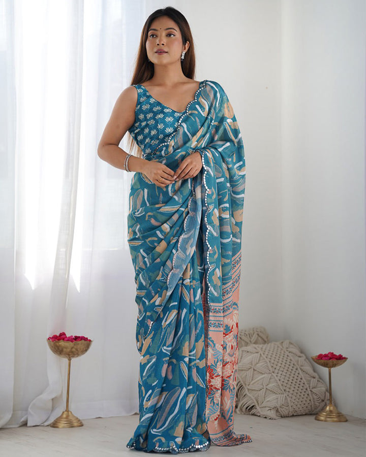 Firozi Color Chinnon Silk Printed Saree