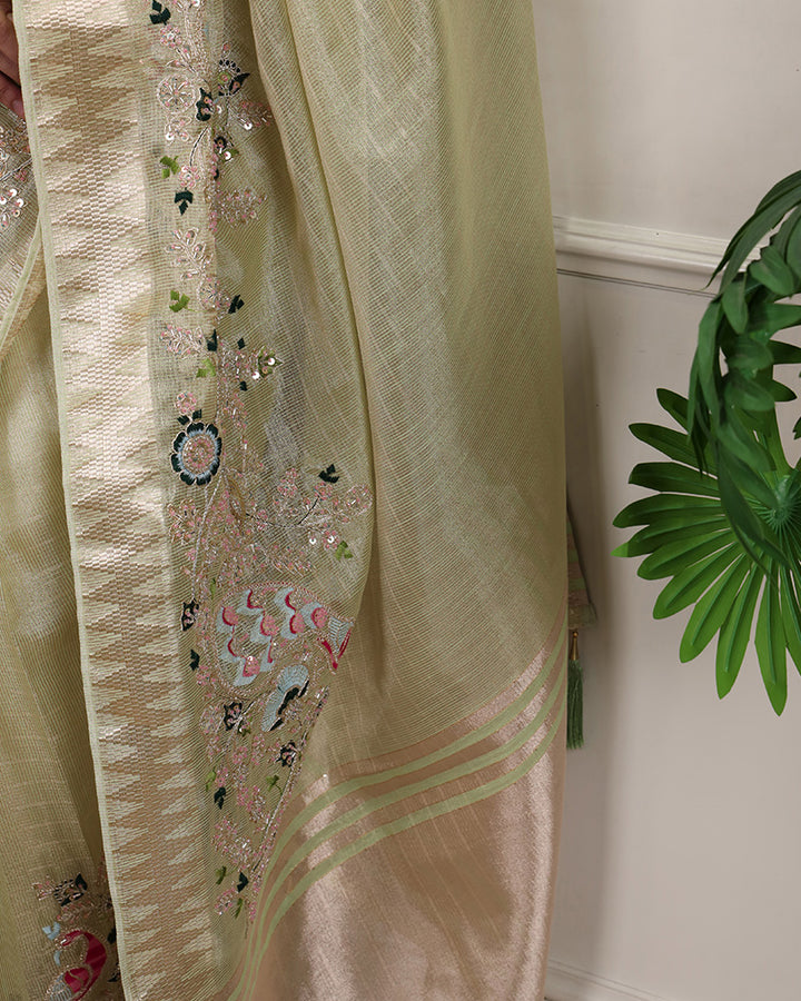 Pista Color Embroidered Kota Tissue Saree