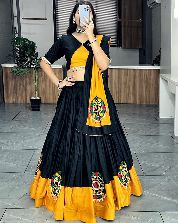 Vibrant Mustard and Black Rayon Cotton Navratri Lehenga Choli