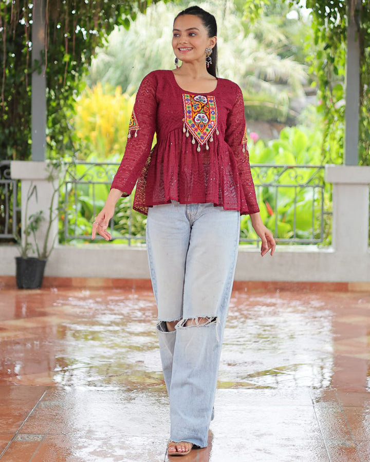 Maroon Color Georgette Lucknowi Work Navratri Kediya