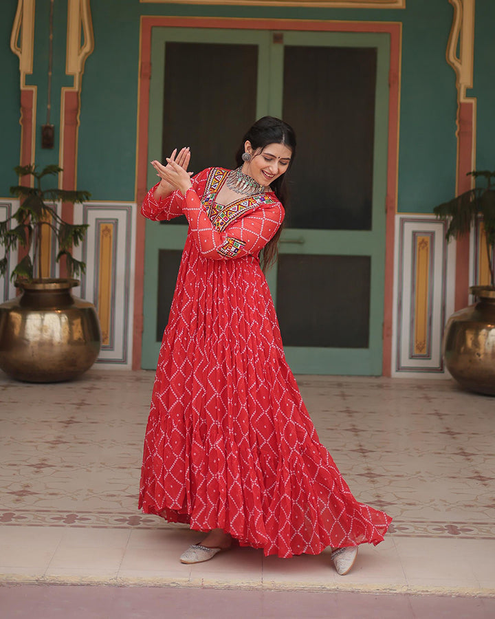 Navratri Special Orange Color Faux Georgette Bandhej Gown