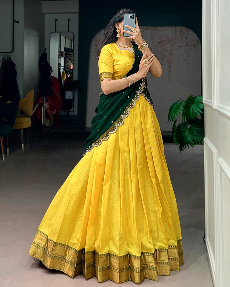 Yellow Color Cotton Silk Designer Half Saree