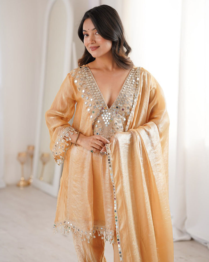 Chikoo Color Fendi Silk Embroidered Plazzo Suit