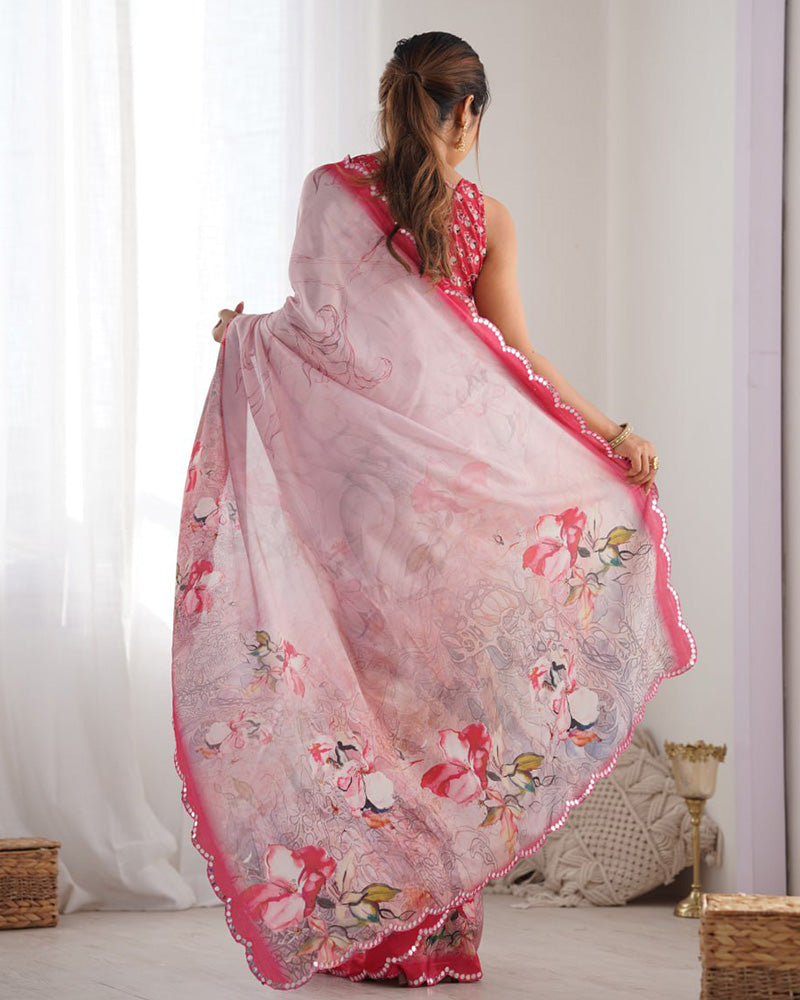 Pink Color Chinnon Silk Printed Saree