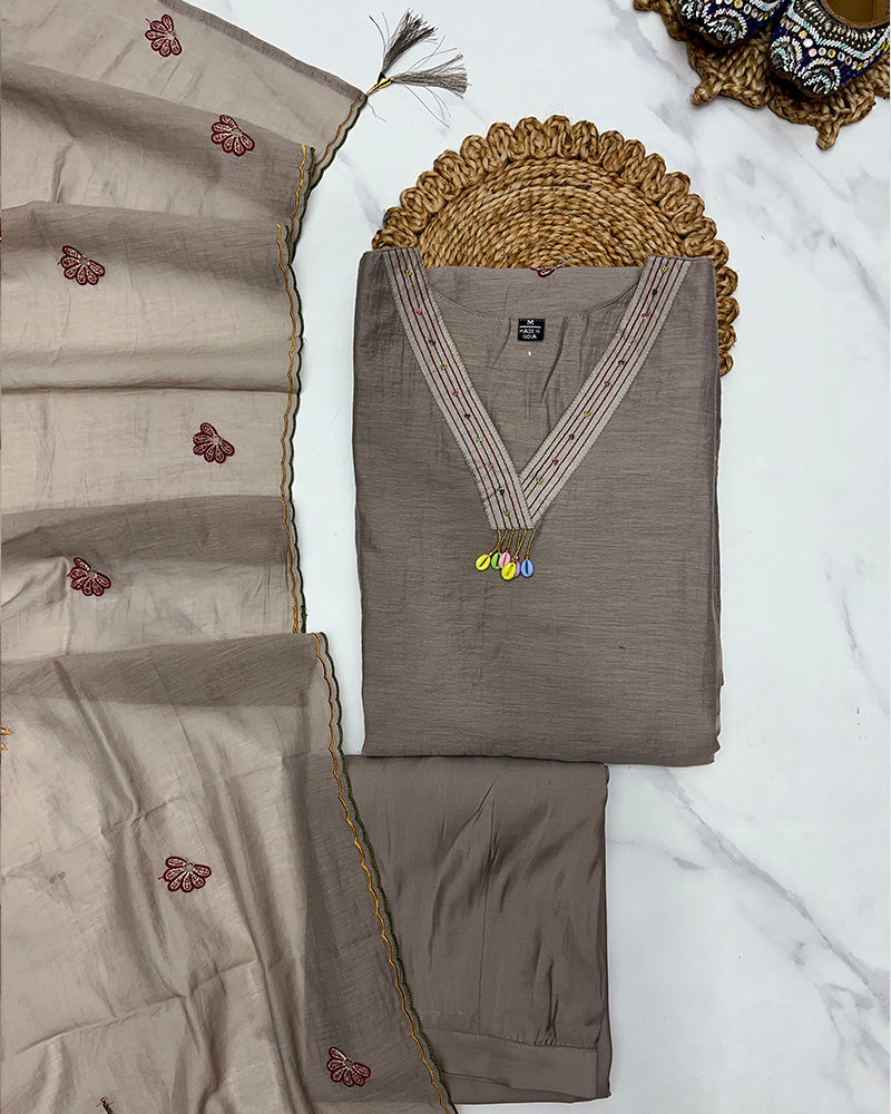 Chocolate Color Mal Cotton Three Piece Kurti Suit