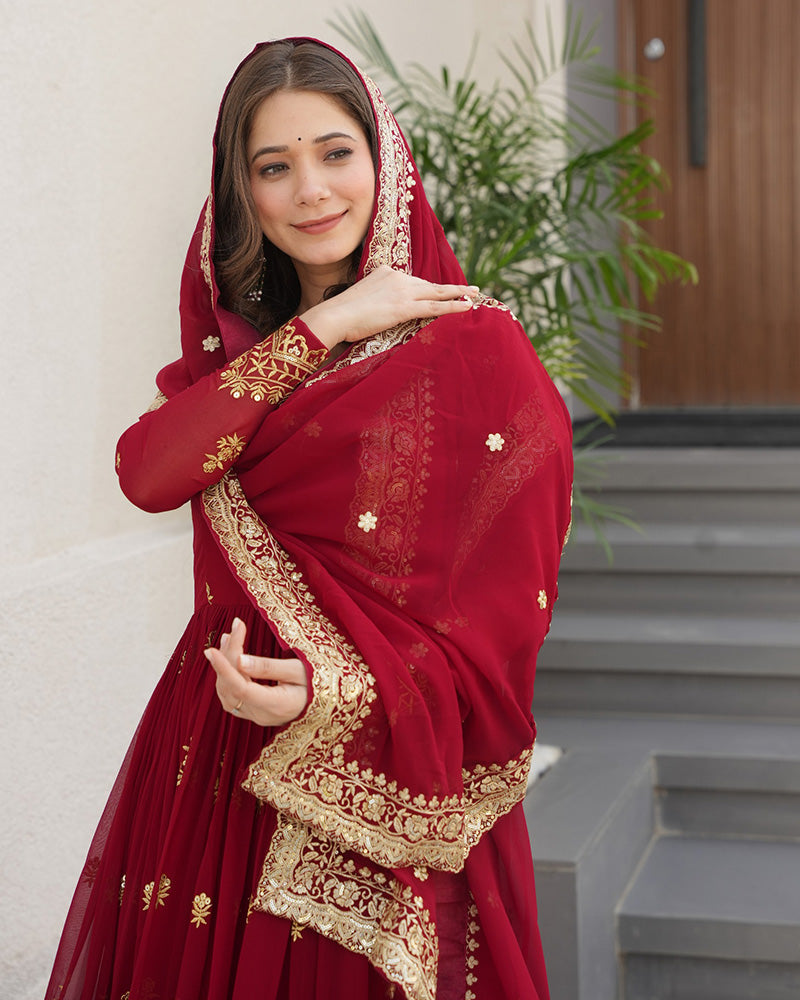 Maroon Color Designer Blooming Embroidered Gown