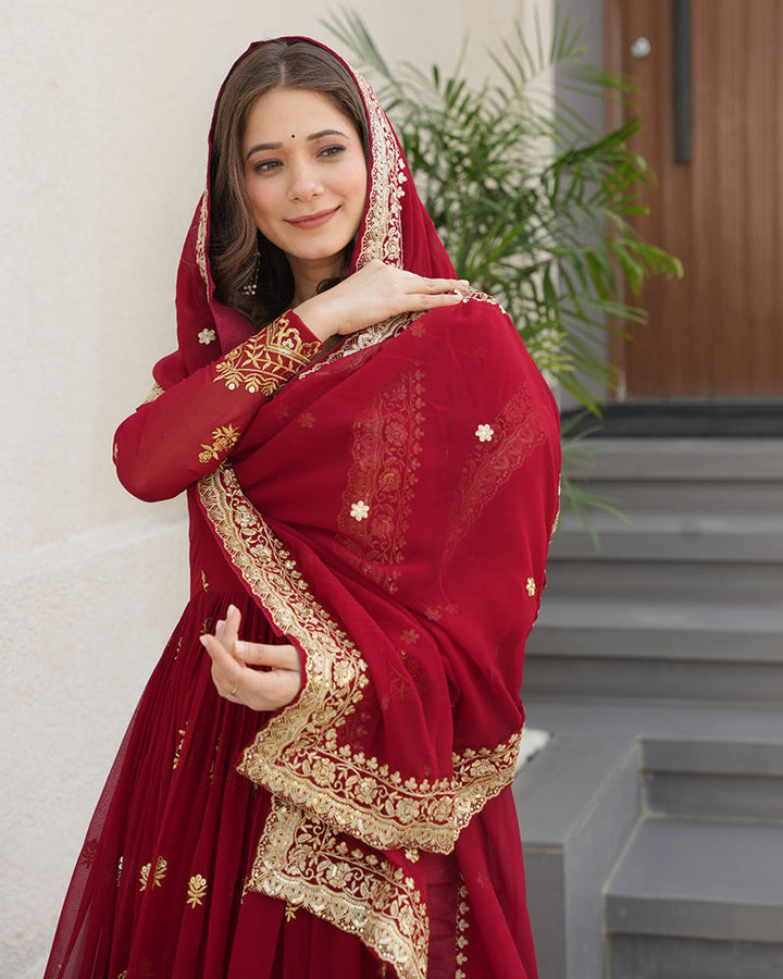 Maroon Color Designer Blooming Embroidered Gown