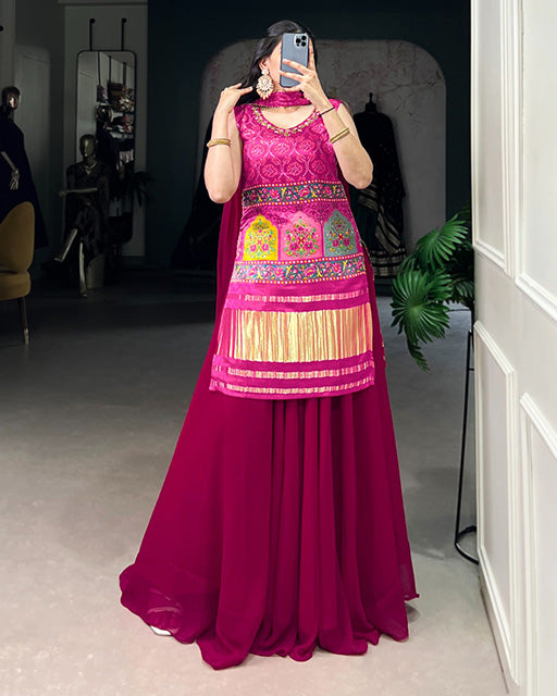 Designer Pink Color Gaji Silk Three Piece Plazzo Suit