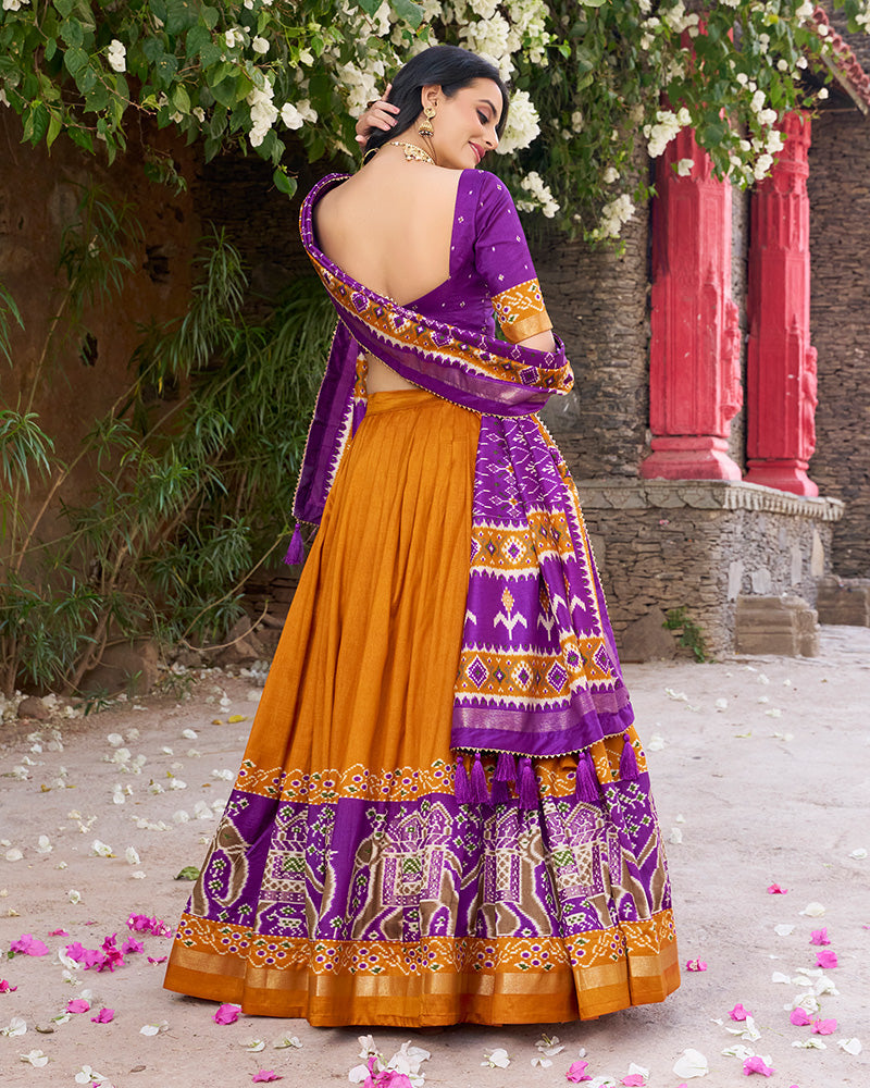 Designer Patola Printed Mustard Color Tussar Silk Lehenga Choli