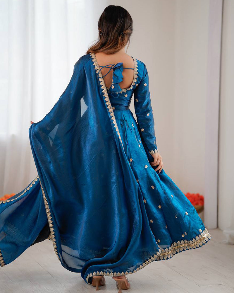 Navy Blue Color Fendi Silk Thread Embroidered Anarkali Suit